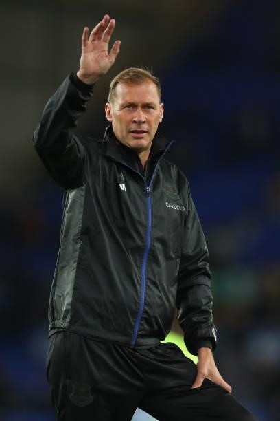 Duncan Ferguson the assistant head coach / manager of Everton waves during the Premier League match between Everton and Burnley at Goodison Park on...