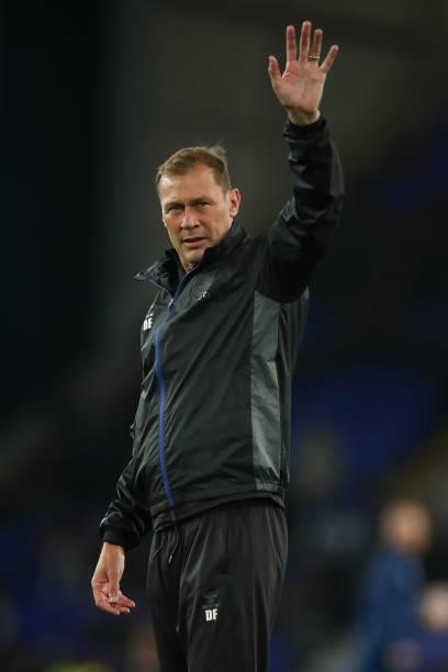 Duncan Ferguson the assistant head coach / manager of Everton waves during the Premier League match between Everton and Burnley at Goodison Park on...
