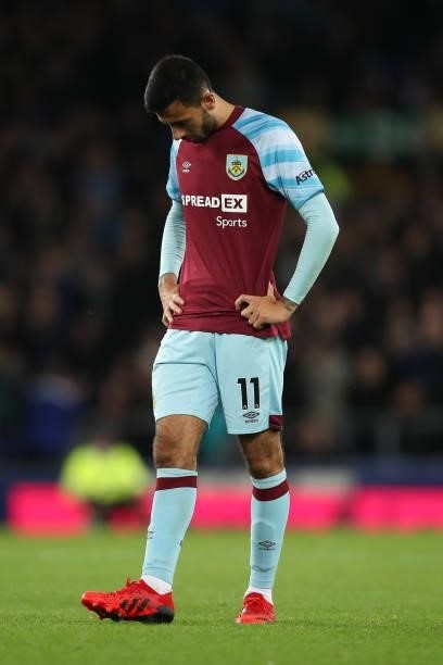 Dejected Dwight McNeil of Burnley during the Premier League match between Everton and Burnley at Goodison Park on September 13, 2021 in Liverpool,...