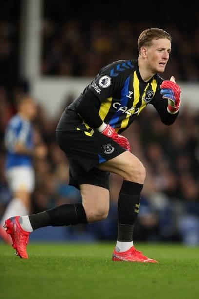 Jordan Pickford of Everton during the Premier League match between Everton and Burnley at Goodison Park on September 13, 2021 in Liverpool, England.