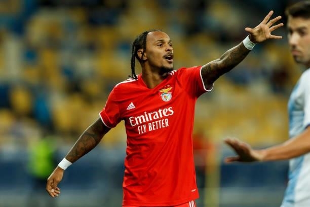 Valentino Lazaro of SL Benefica gestures during the UEFA Champions League Group E match between Dinamo Kiev and SL Benfica at NSC Olimpiyskiy on...