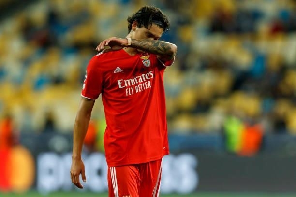 Darwin Nunez of SL Benefica looks dejected during the UEFA Champions League Group E match between Dinamo Kiev and SL Benfica at NSC Olimpiyskiy on...
