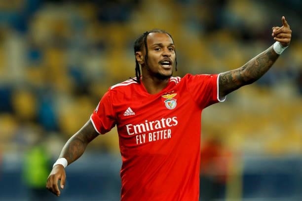 Valentino Lazaro of SL Benefica gestures during the UEFA Champions League Group E match between Dinamo Kiev and SL Benfica at NSC Olimpiyskiy on...