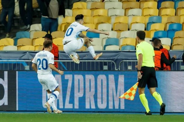Mykola Shaparenko of Dinamo Kiev ,celebrates after scoring his team's first goal,which was taken back by VAR during the UEFA Champions League Group E...
