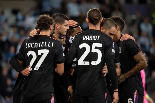 Players of Juventus celebrate after the 0-2 goal during the UEFA Champions League group H match between Malmo FF and Juventus at Eleda Stadium on...