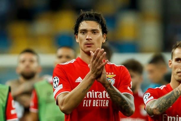 Darwin Nunez of SL Benefica gestures during the UEFA Champions League Group E match between Dinamo Kiev and SL Benfica at NSC Olimpiyskiy on...