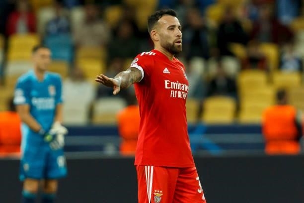 Nicolas Otamendi of SL Benefica gestures during the UEFA Champions League Group E match between Dinamo Kiev and SL Benfica at NSC Olimpiyskiy on...