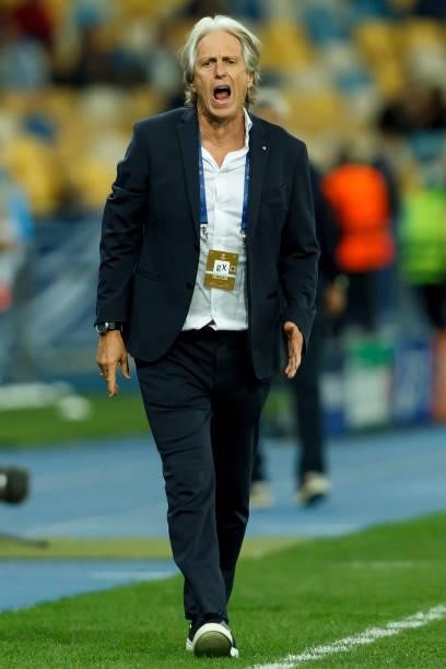Head coach Jorge Jesus of SL Benefica ,looks dejected,gestures during the UEFA Champions League Group E match between Dinamo Kiev and SL Benfica at...