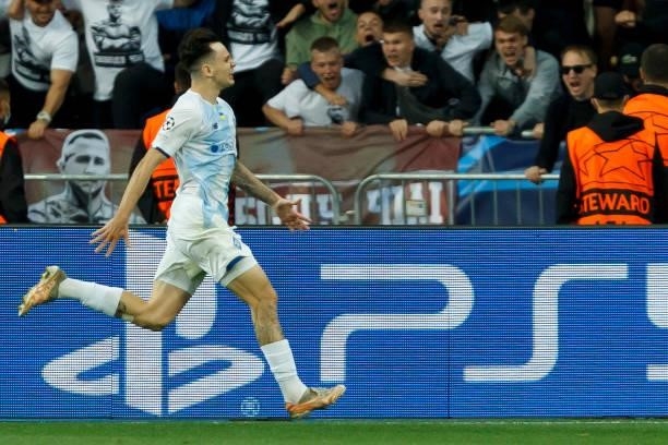 Mykola Shaparenko of Dinamo Kiev ,celebrates after scoring his team's first goal,which was taken back by VAR during the UEFA Champions League Group E...