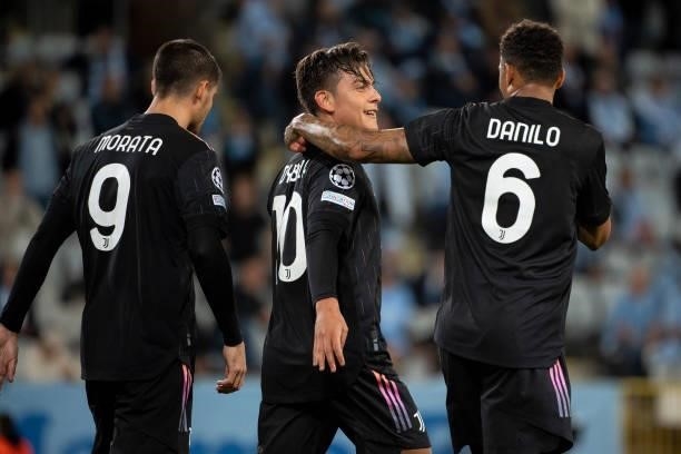 Paulo Dybala of Juventus celebrates after the 0-2 goal during the UEFA Champions League group H match between Malmo FF and Juventus at Eleda Stadium...