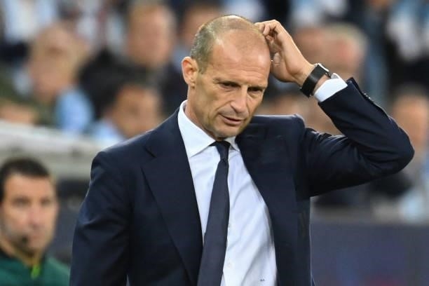 Juventus' Italian coach Massimiliano Allegri reacts from the sidelines during the UEFA Champions League group H football match Malmo FF vs Juventus...
