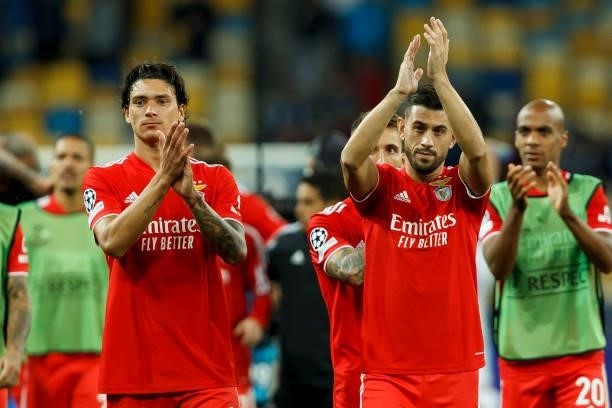 Darwin Nunez of SL Benefica and Pizzi of SL Benefica gestures during the UEFA Champions League Group E match between Dinamo Kiev and SL Benfica at...