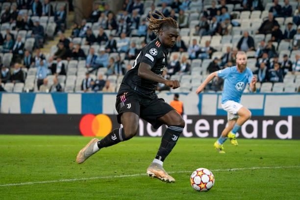Moise Kean of Juventus FC controls the ball during the UEFA Champions League group H match between Malmo FF and Juventus at Malmo New Stadium on...