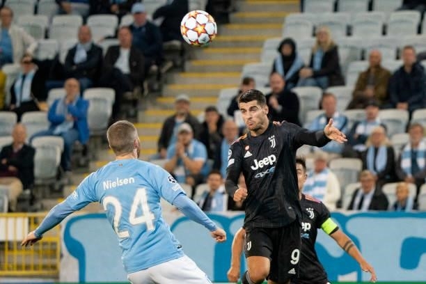 Lasse Nielsen of Malmo FF and Alvaro Morata of Juventus FC battle for the ball during the UEFA Champions League group H match between Malmo FF and...