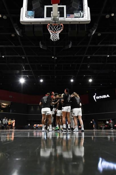 Atlanta Dream players huddle up before the game against the Indiana Fever on September 14, 2021 at Gateway Center Arena in College Park, Georgia....