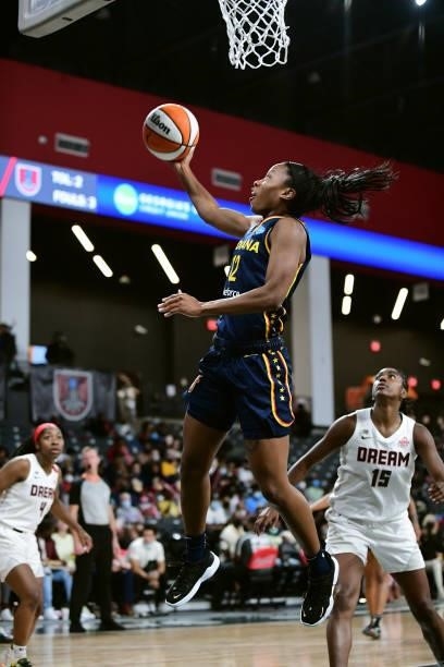 Lindsay Allen of the Indiana Fever shoots the ball during the game against the Atlanta Dream on September 14, 2021 at Gateway Center Arena in College...