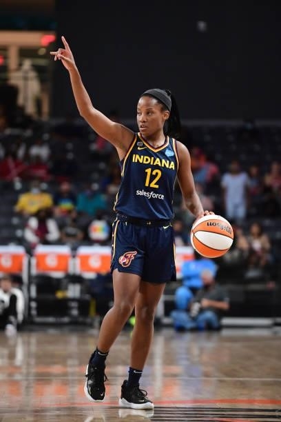 Lindsay Allen of the Indiana Fever points during the game against the Atlanta Dream on September 14, 2021 at Gateway Center Arena in College Park,...