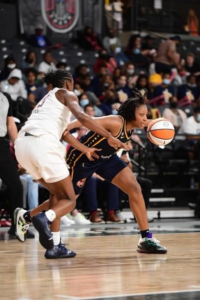 Kelsey Mitchell of the Indiana Fever handles the ball during the game against the Atlanta Dream on September 14, 2021 at Gateway Center Arena in...