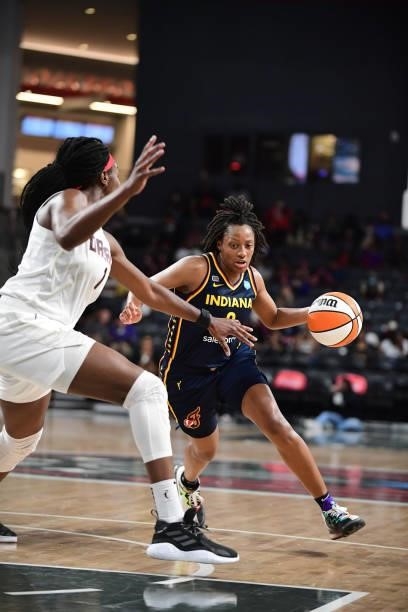 Kelsey Mitchell of the Indiana Fever drives to the basket during the game against the Atlanta Dream on September 14, 2021 at Gateway Center Arena in...