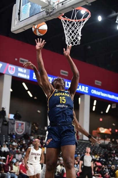 Teaira McCowan of the Indiana Fever shoots the ball during the game against the Atlanta Dream on September 14, 2021 at Gateway Center Arena in...