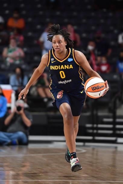 Kelsey Mitchell of the Indiana Fever dribbles the ball during the game against the Atlanta Dream on September 14, 2021 at Gateway Center Arena in...