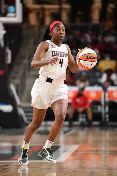 Aari McDonald of the Atlanta Dream dribbles the ball during the game against the Indiana Fever on September 14, 2021 at Gateway Center Arena in...