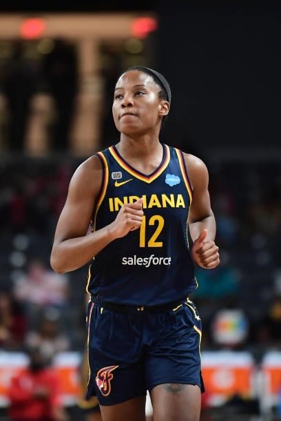 Lindsay Allen of the Indiana Fever looks on during the game against the Atlanta Dream on September 14, 2021 at Gateway Center Arena in College Park,...