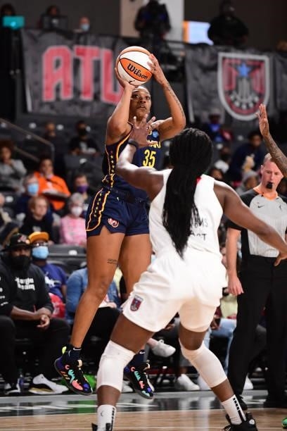 Victoria Vivians of the Indiana Fever shoots the ball during the game against the Atlanta Dream on September 14, 2021 at Gateway Center Arena in...