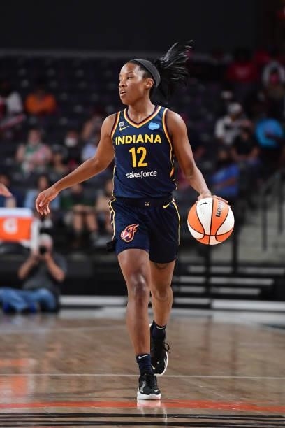 Lindsay Allen of the Indiana Fever dribbles the ball during the game against the Atlanta Dream on September 14, 2021 at Gateway Center Arena in...