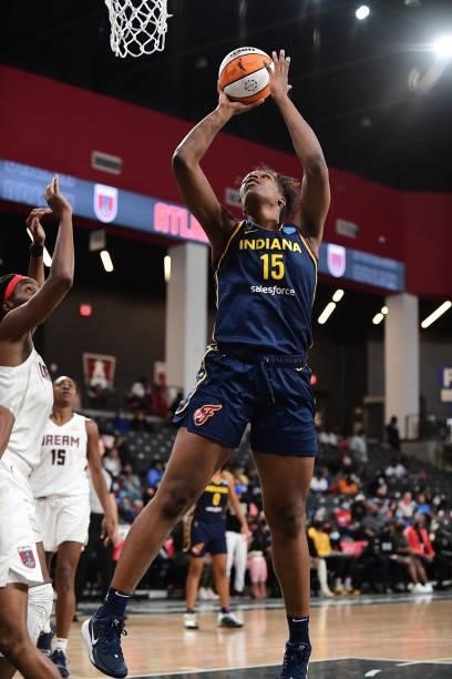 Teaira McCowan of the Indiana Fever shoots the ball during the game against the Atlanta Dream on September 14, 2021 at Gateway Center Arena in...