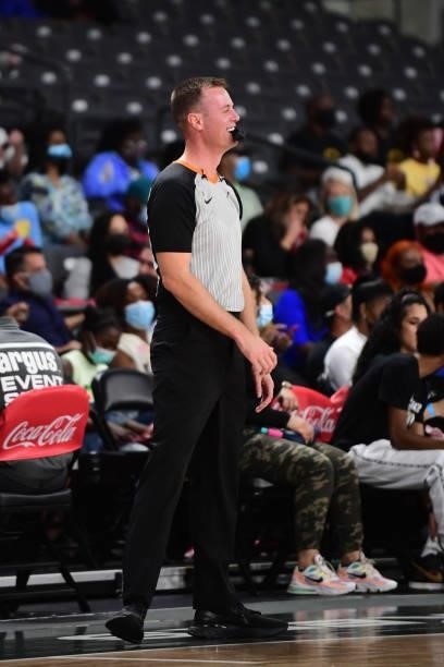Official Kevin Fahy smiles during the Atlanta Dream game against the Indiana Fever on September 14, 2021 at Gateway Center Arena in College Park,...