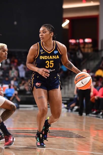 Victoria Vivians of the Indiana Fever dribbles the ball during the game against the Atlanta Dream on September 14, 2021 at Gateway Center Arena in...