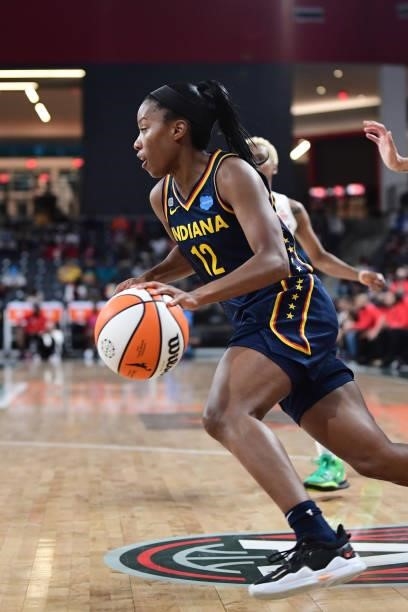 Lindsay Allen of the Indiana Fever drives to the basket during the game against the Atlanta Dream on September 14, 2021 at Gateway Center Arena in...