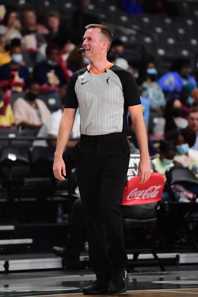 Official Kevin Fahy smiles during the Atlanta Dream game against the Indiana Fever on September 14, 2021 at Gateway Center Arena in College Park,...