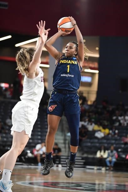 Aaliyah Wilson of the Indiana Fever shoots the ball during the game against the Atlanta Dream on September 14, 2021 at Gateway Center Arena in...