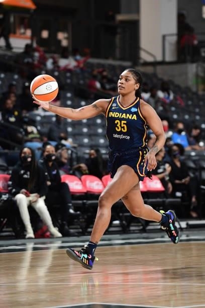 Tiffany Mitchell of the Indiana Fever handles the ball during the game against the Atlanta Dream on September 14, 2021 at Gateway Center Arena in...