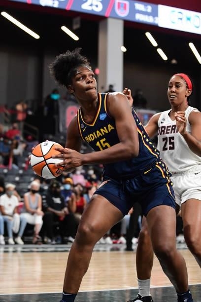 Teaira McCowan of the Indiana Fever handles the ball during the game against the Atlanta Dream on September 14, 2021 at Gateway Center Arena in...