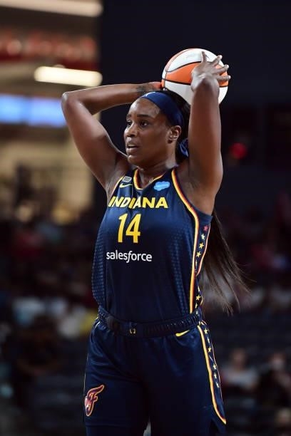 Jantel Lavender of the Indiana Fever handles the ball during the game against the Atlanta Dream on September 14, 2021 at Gateway Center Arena in...