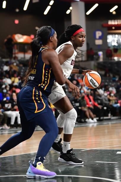 Elizabeth Williams of the Atlanta Dream drives to the basket during the game against the Indiana Fever on September 14, 2021 at Gateway Center Arena...