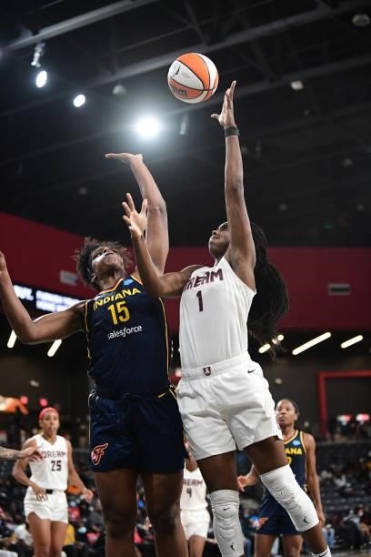 Elizabeth Williams of the Atlanta Dream shoots the ball during the game against the Indiana Fever on September 14, 2021 at Gateway Center Arena in...