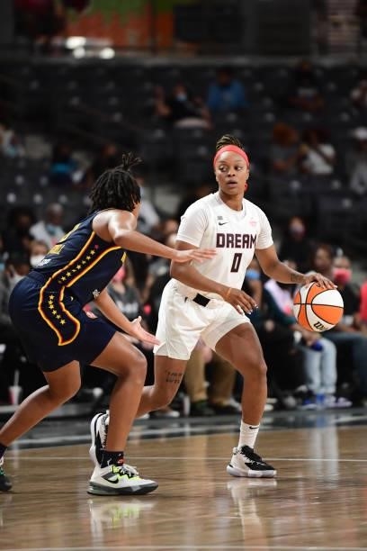 Odyssey Sims of the Atlanta Dream handles the ball during the game against the Indiana Fever on September 14, 2021 at Gateway Center Arena in College...