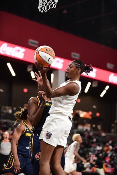 Tiffany Hayes of the Atlanta Dream rebounds the ball during the game against the Indiana Fever on September 14, 2021 at Gateway Center Arena in...