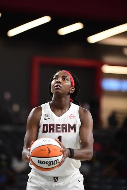 Elizabeth Williams of the Atlanta Dream looks on during the game against the Indiana Fever on September 14, 2021 at Gateway Center Arena in College...