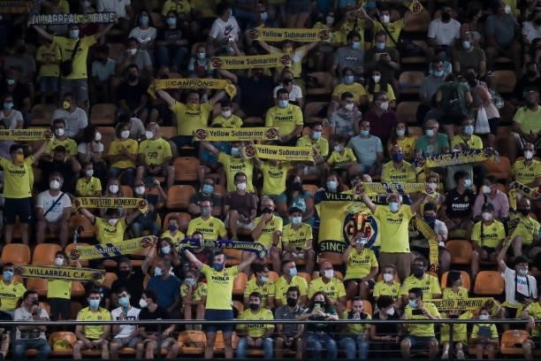 Villarreal`s fans before UEFA Champions League match between Villarreal CF and Atalanta CB at La Ceramica Stadium on September 14, 2021.