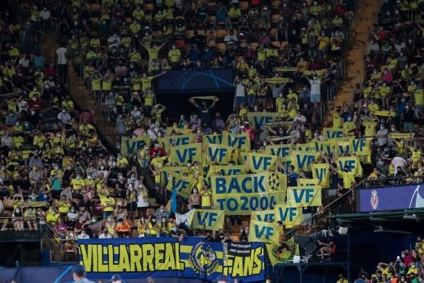 Villarreal's fans before UEFA Champions League match between Villarreal CF and Atalanta CB at La Ceramica Stadium on September 14, 2021.