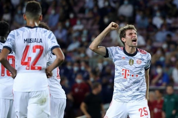 Thomas Mueller goal celebration during the match between FC Barcelona and FC Bayern Munich, corresponding to the week 1 of the group A of the UEFA...