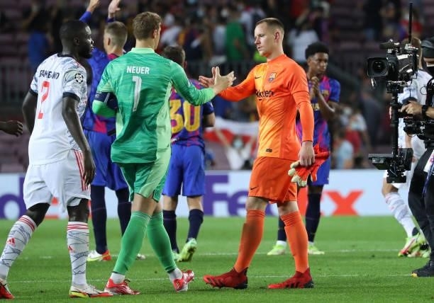 Manuel Neuer and Marc Andre Ter Stegen at the end of the match between FC Barcelona and FC Bayern Munich, corresponding to the week 1 of the group A...