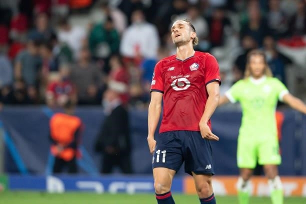 Yusuf Yazici of Lille OSC looks dejected during the UEFA Champions League group G match between Lille OSC and VfL Wolfsburg at Stade Pierre-Mauroy on...