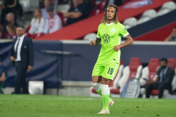 Kevin Mbabu of VfL Wolfsburg looks on during the UEFA Champions League group G match between Lille OSC and VfL Wolfsburg at Stade Pierre-Mauroy on...