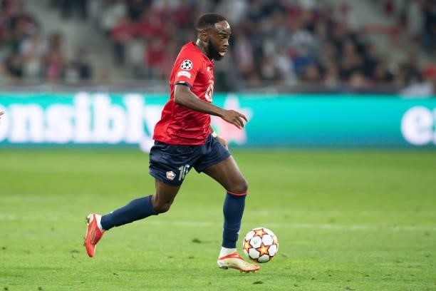 Jonathan Ikone of Lille OSC controls the ball during the UEFA Champions League group G match between Lille OSC and VfL Wolfsburg at Stade...